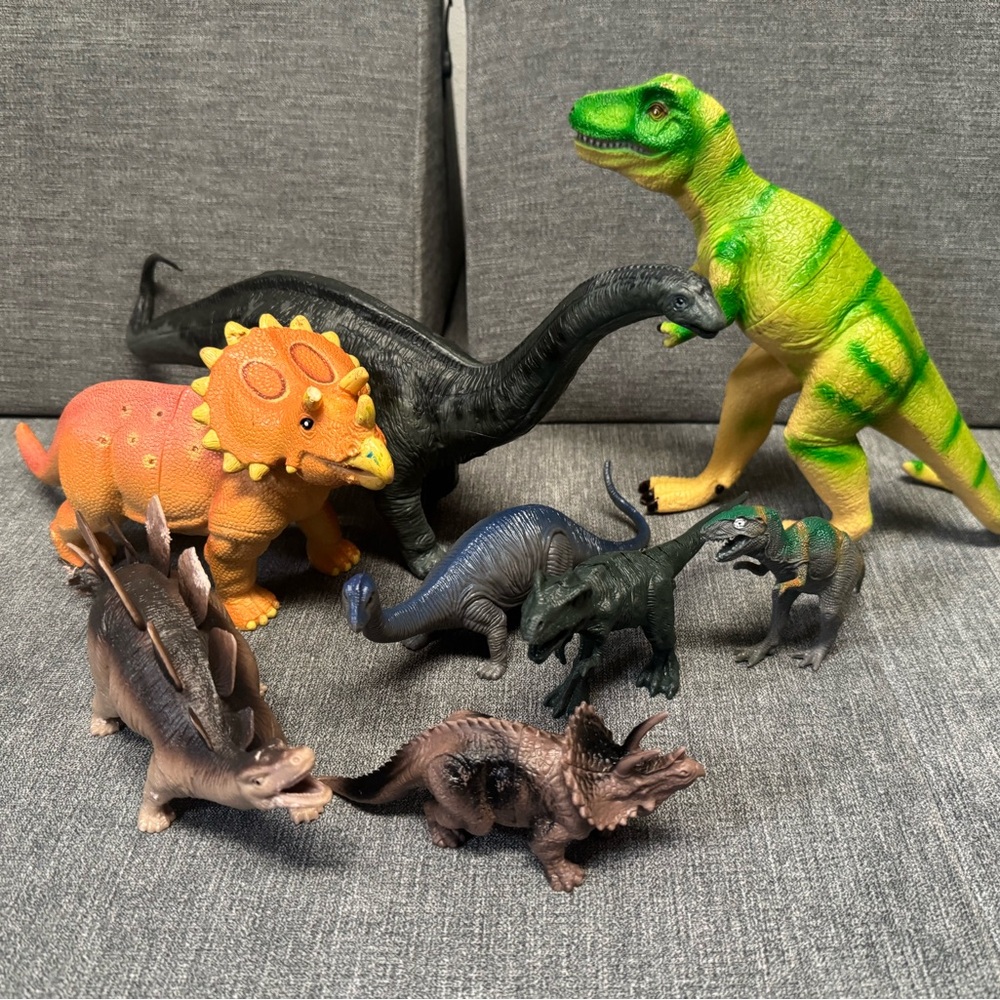 Large Vintage Dinosaur Toy Set - Green, Orange, Black
